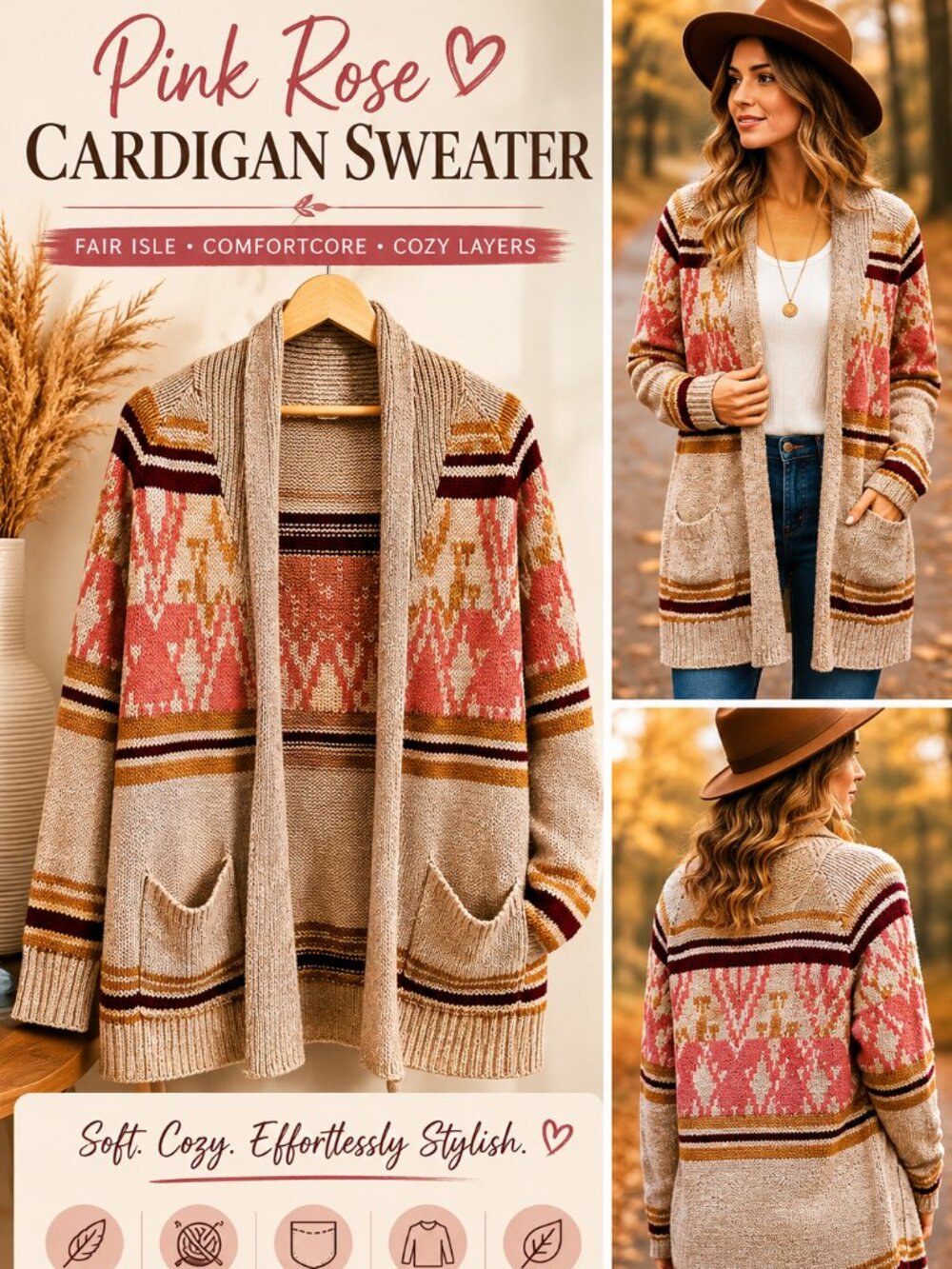 Pink Rose Cardigan Knit Sweater Fair Isle SZM Brown Multicolor Pockets Cozy